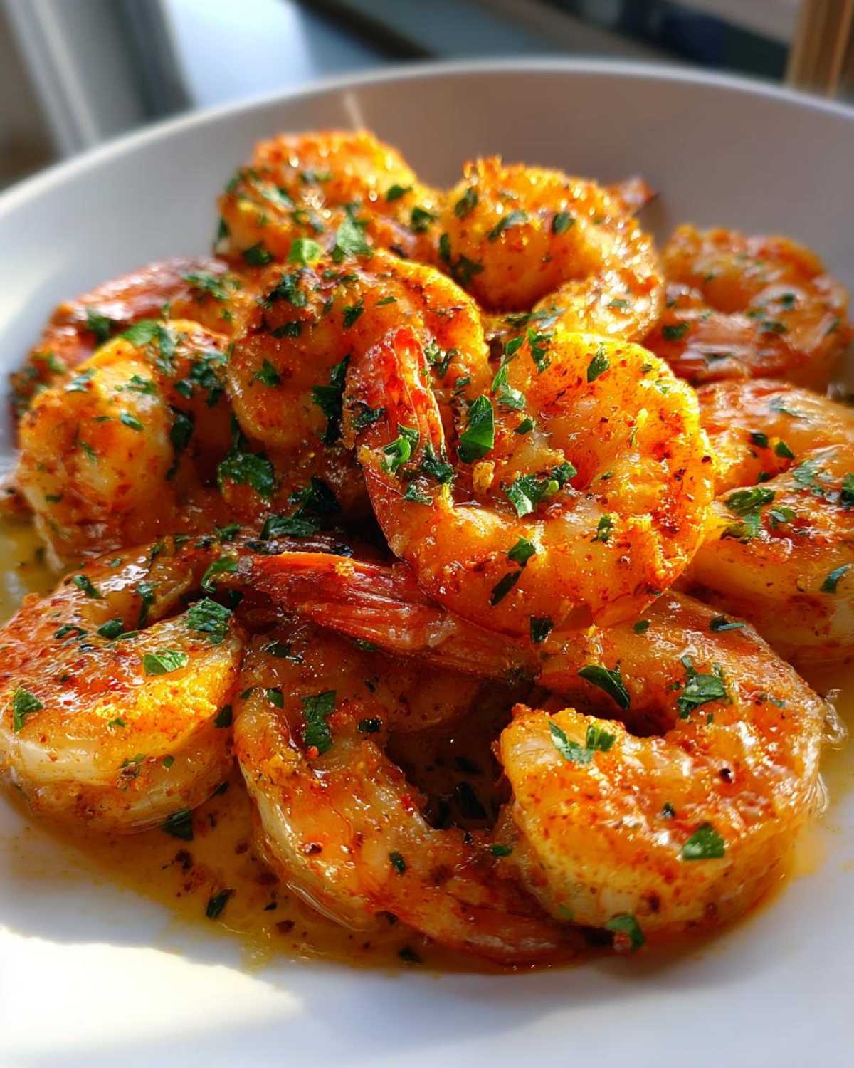 A close-up of perfectly cooked cajun shrimp, glistening in butter sauce and topped with fresh chopped parsley.