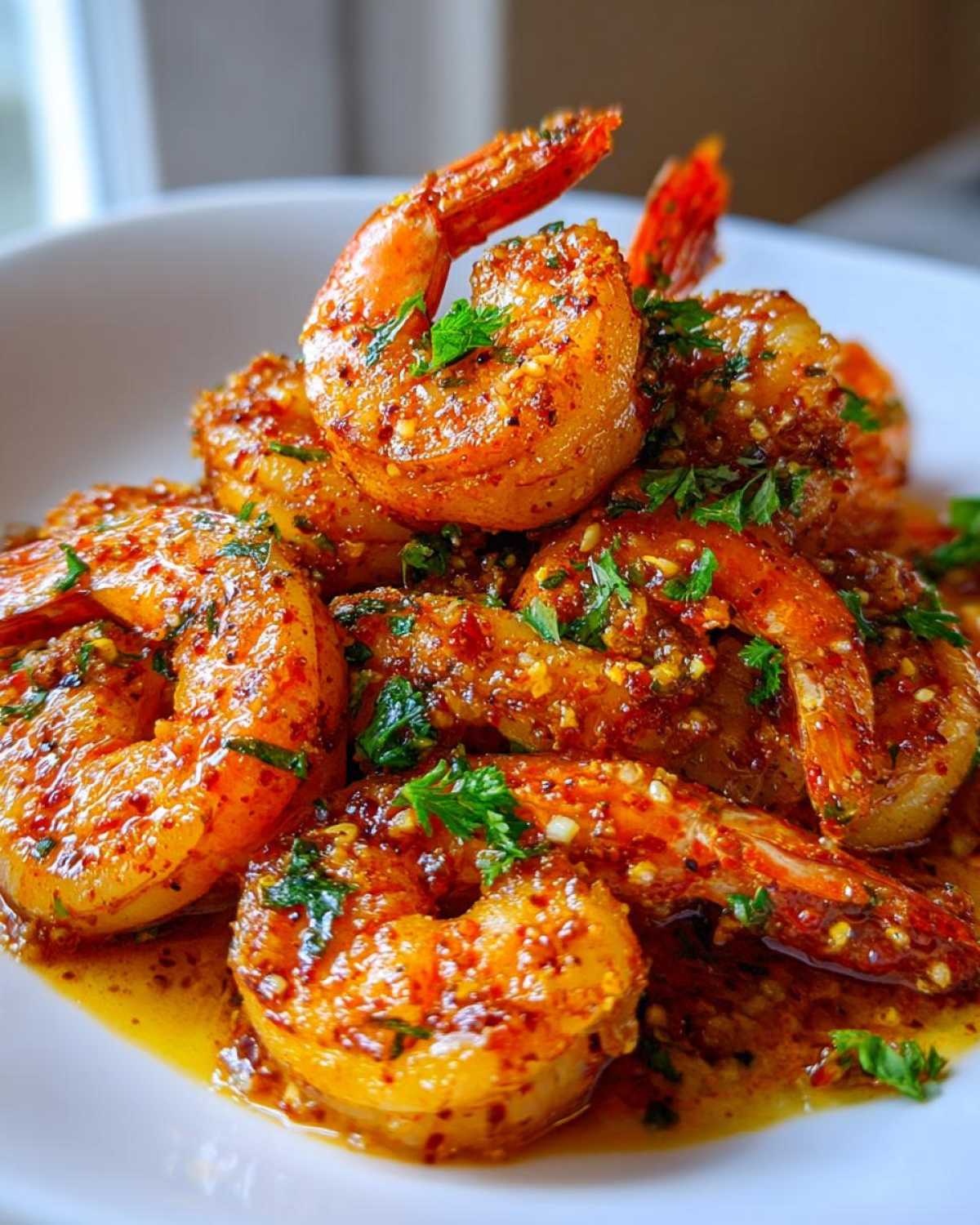 A close-up, vibrant shot of perfectly cooked Cajun shrimp coated in a rich, spicy sauce and garnished with fresh parsley.