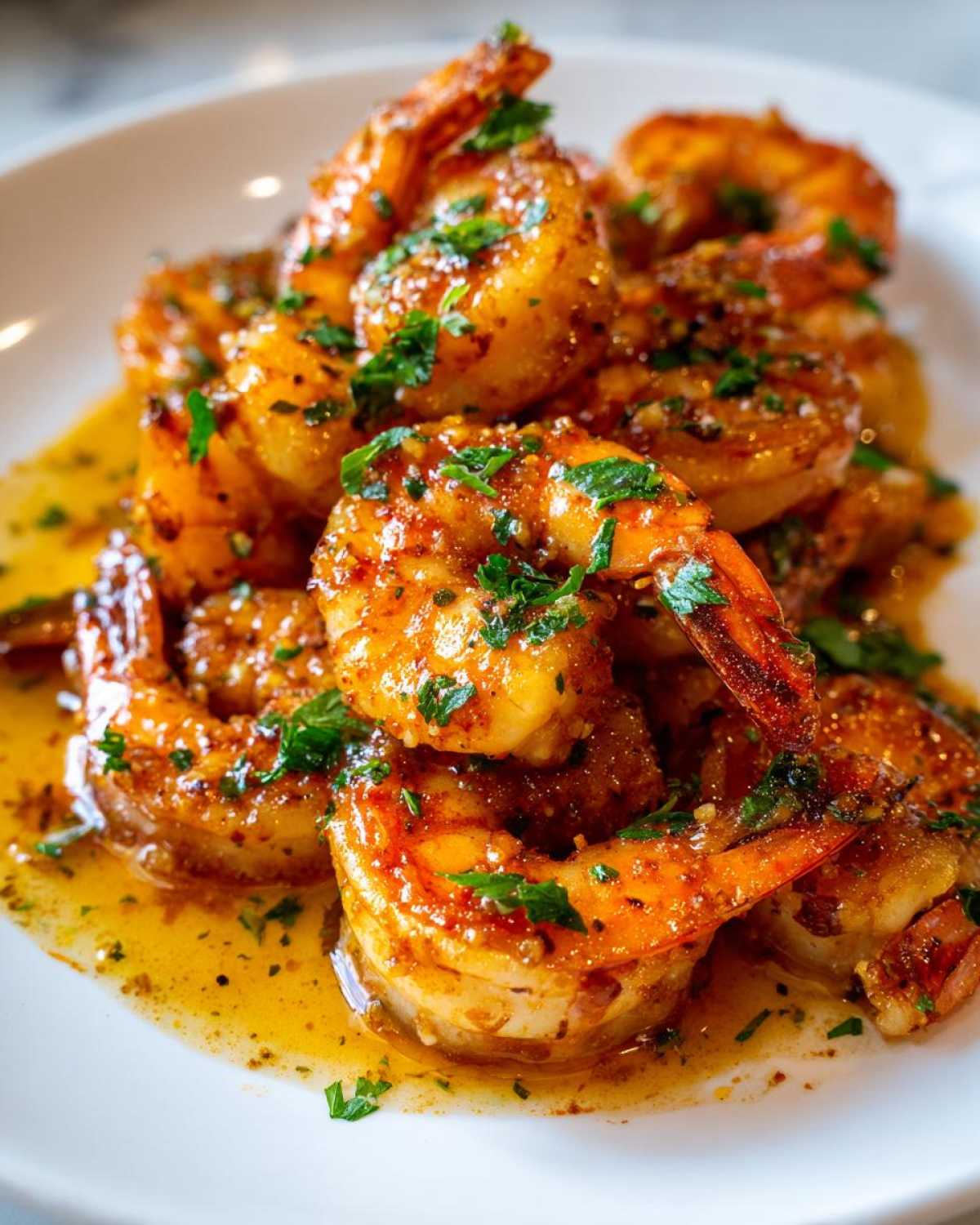 Close-up of perfectly cooked Cajun shrimp glistening in a buttery sauce and topped with fresh parsley.