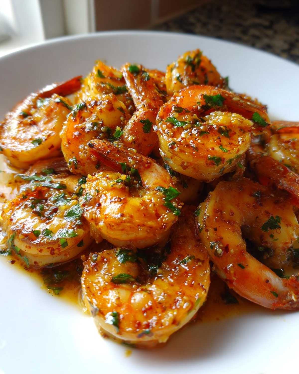 Close-up of juicy, glazed cajun shrimp coated in spices and fresh parsley served on a white plate.