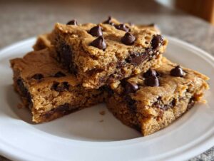 Close-up of three rich, chewy cake mix cookie bars stacked on a white plate, loaded with melted chocolate chips.