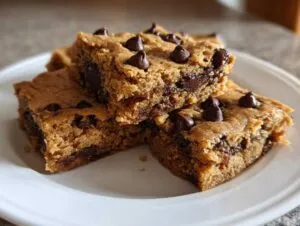 Close-up of three rich, chewy cake mix cookie bars stacked on a white plate, loaded with melted chocolate chips.
