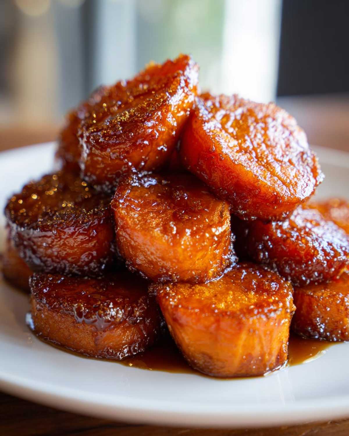 A close-up stack of thick-cut, glossy candied sweet potatoes covered in rich brown syrup.