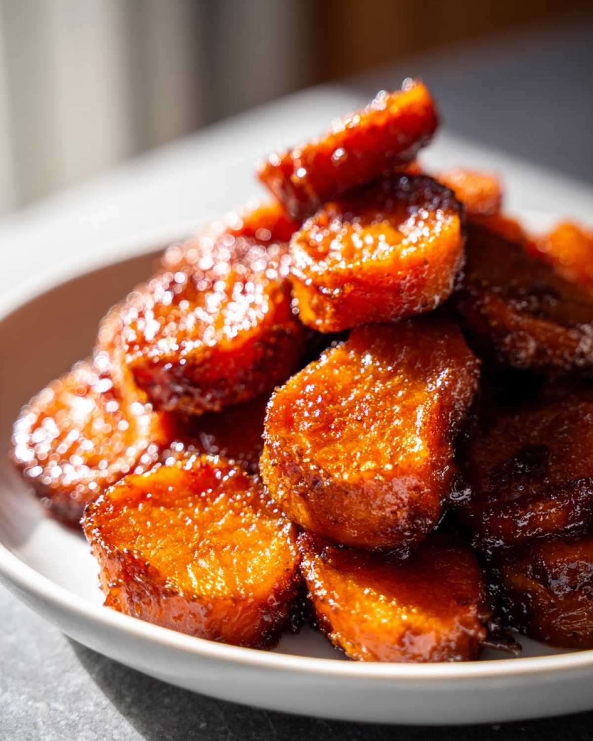A close-up of a pile of glistening, orange candied sweet potatoes coated in a thick, dark glaze.