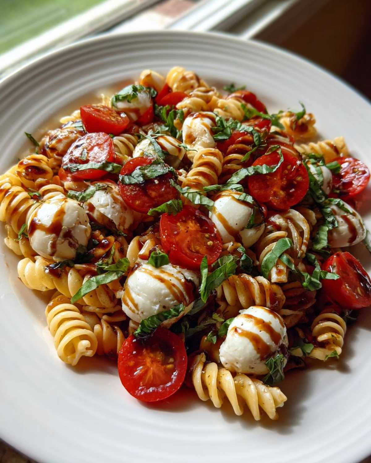 A plate of vibrant caprese pasta salad featuring rotini pasta, cherry tomatoes, mozzarella balls, and fresh basil drizzled with balsamic glaze.