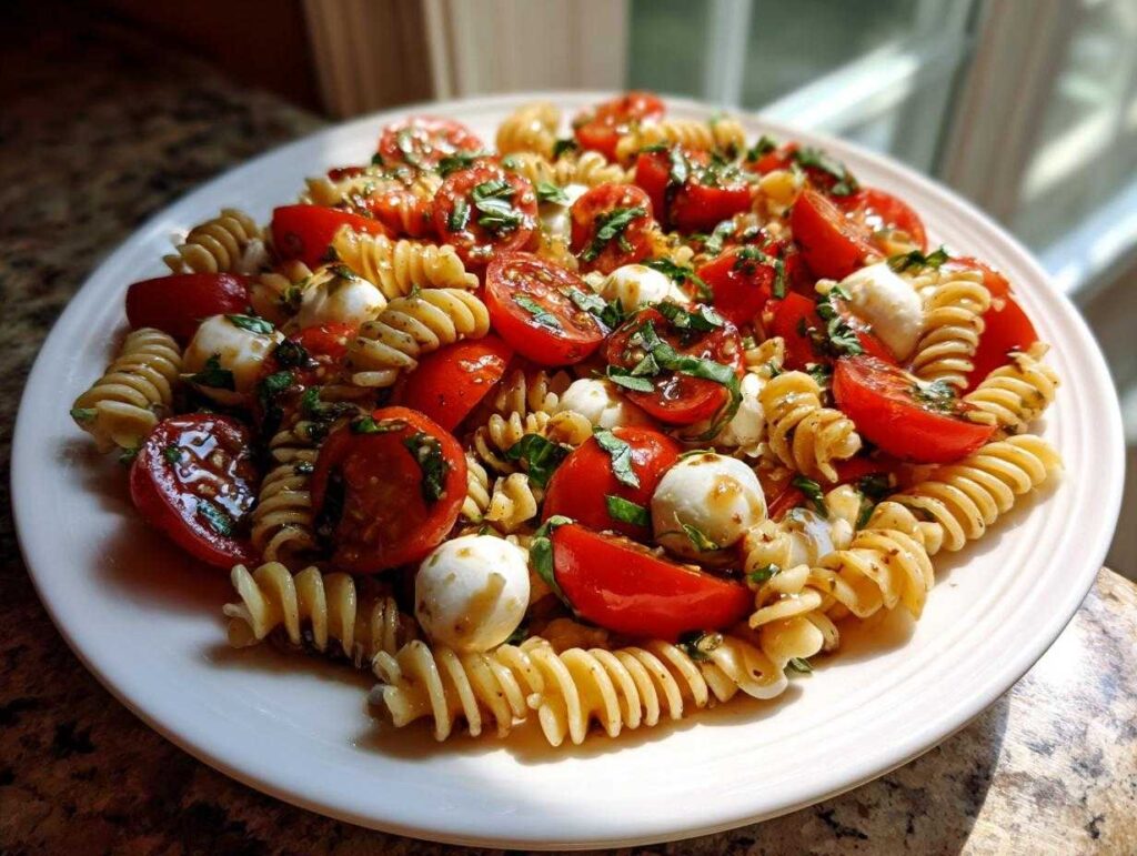 A bright serving of caprese pasta salad featuring rotini pasta, halved cherry tomatoes, mozzarella balls, and fresh basil.
