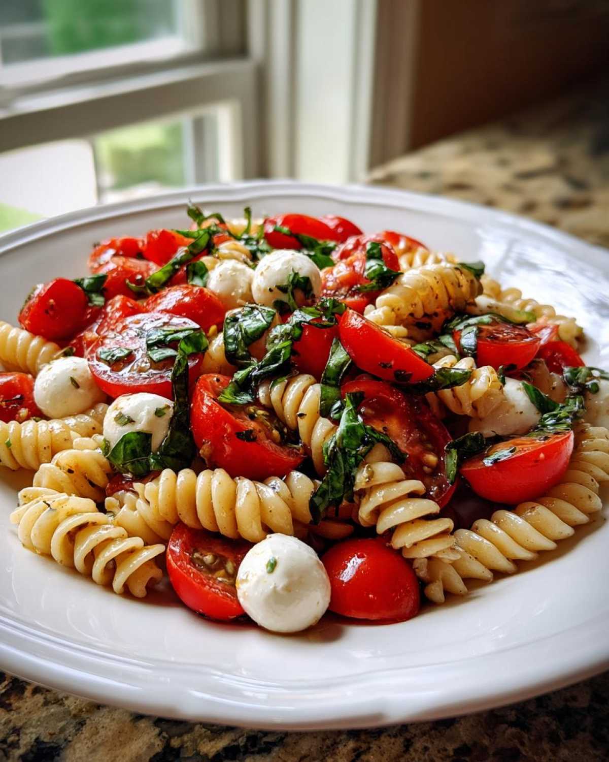 Close-up of a serving of vibrant caprese pasta salad featuring rotini, halved cherry tomatoes, mozzarella pearls, and fresh basil.