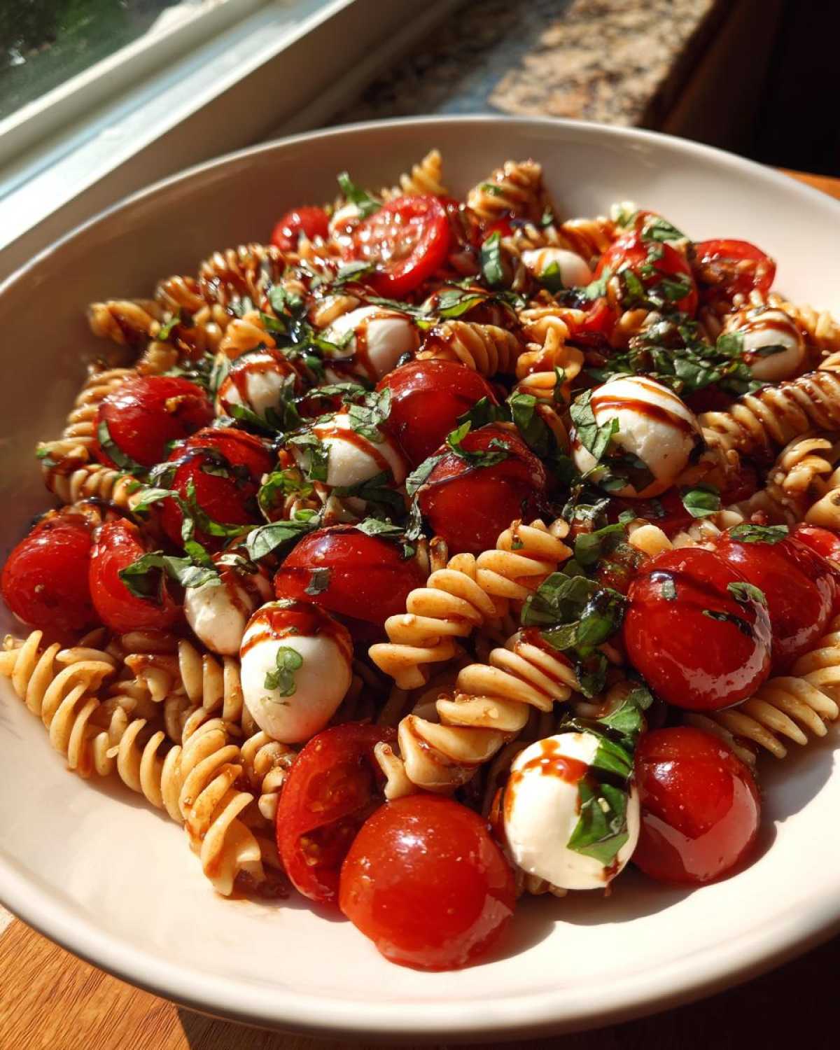 A close-up of a bowl filled with caprese pasta salad featuring fusilli, cherry tomatoes, mozzarella balls, and basil.
