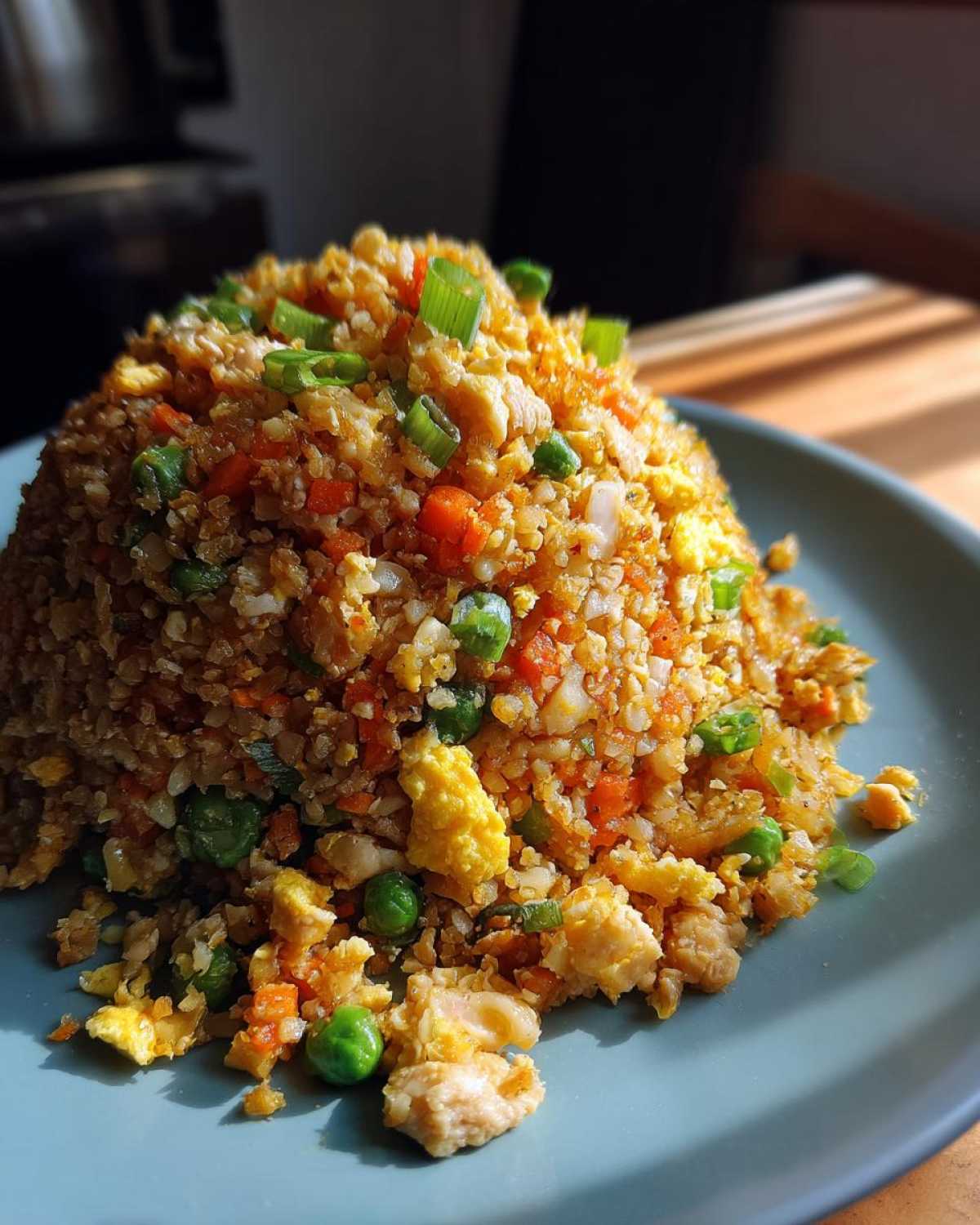 A close-up of a serving of cauliflower fried rice piled high, featuring visible carrots, peas, scrambled egg, and green onion garnish.