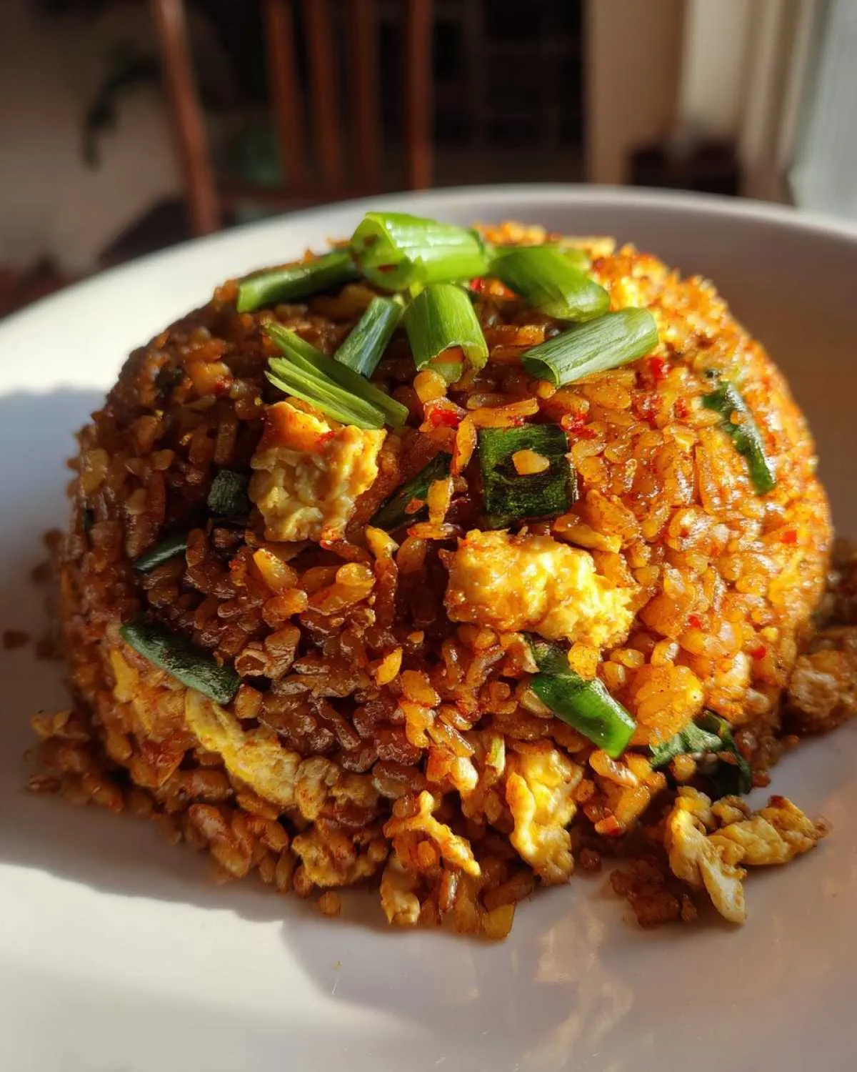 A mound of richly colored cauliflower fried rice mixed with scrambled egg and topped with fresh green scallions.
