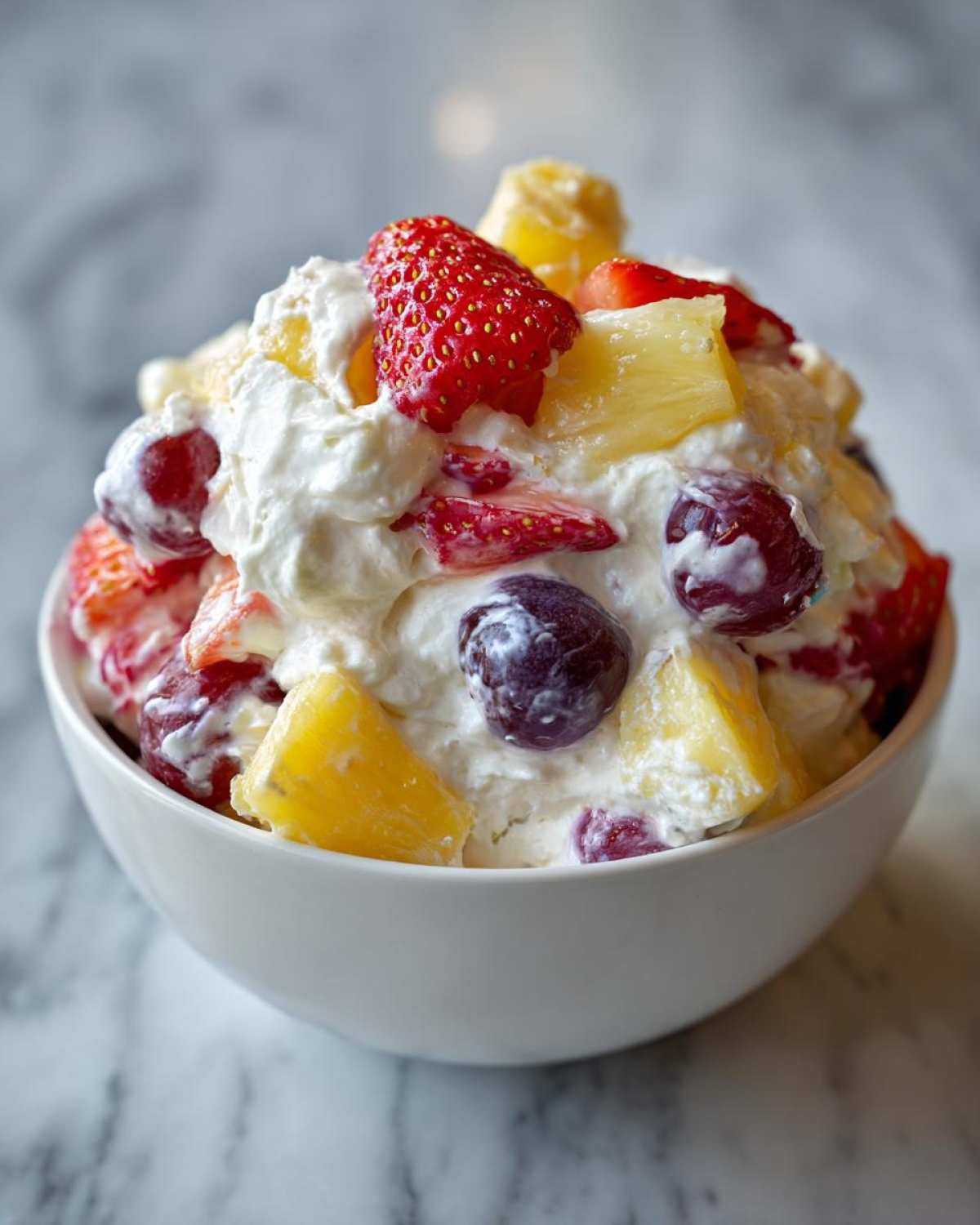 Close-up of a serving of cheesecake fruit salad with strawberries, pineapple, and grapes mixed in creamy dressing.