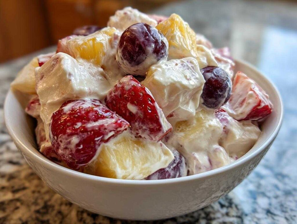 A close-up of a white bowl filled with creamy cheesecake fruit salad featuring strawberries, pineapple chunks, and grapes.