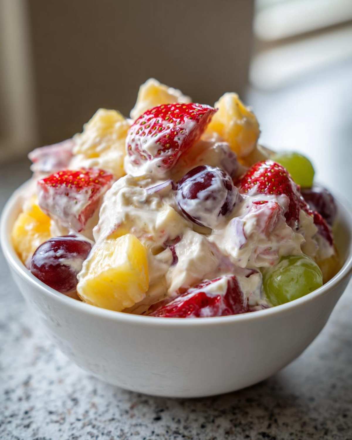 Close-up of a white bowl filled with creamy cheesecake fruit salad featuring strawberries, grapes, and pineapple chunks.