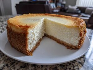 A whole cheesecake with one slice removed, showcasing the creamy filling and graham cracker crust of the cheesecake recipe.