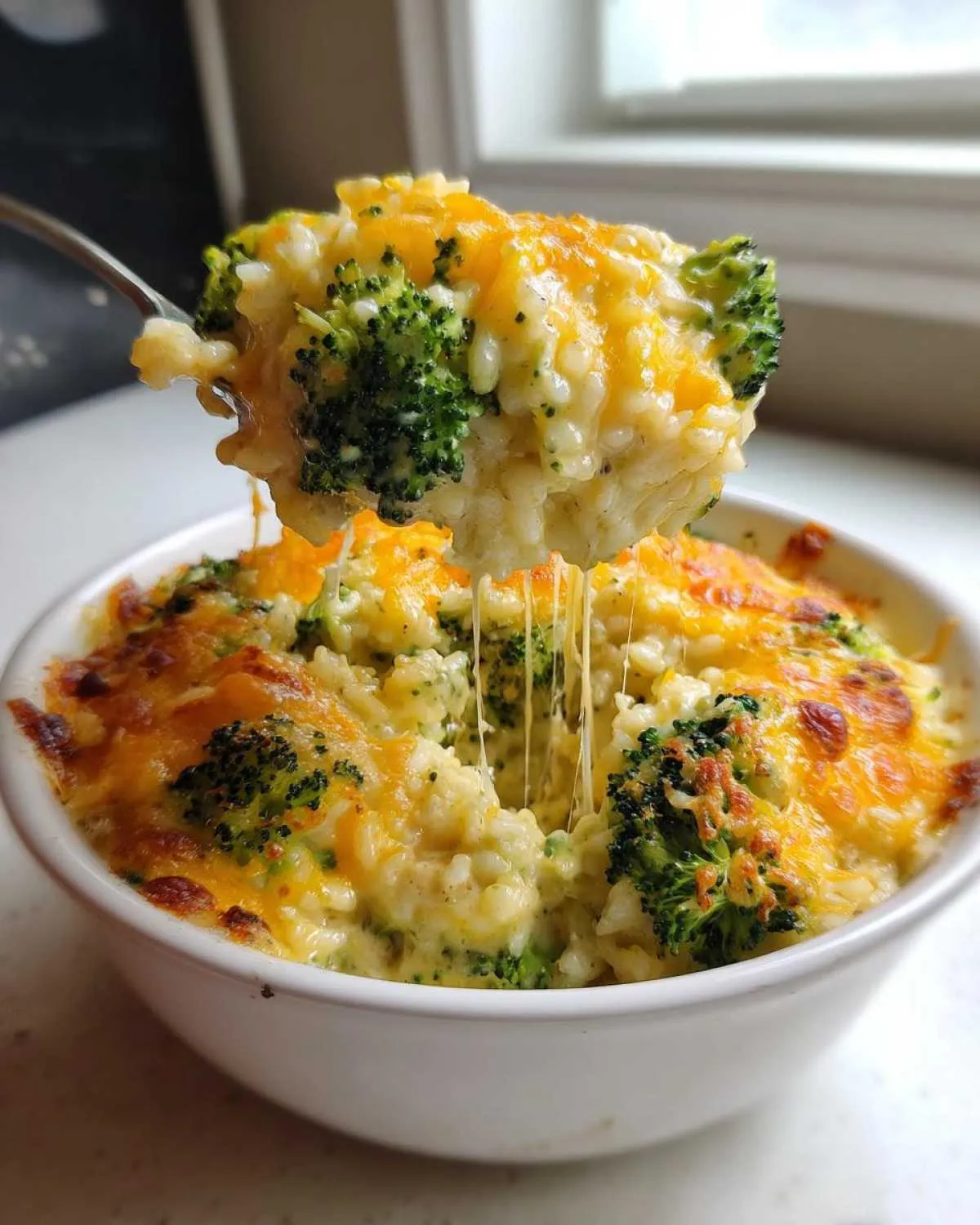 A spoonful of cheesy, creamy broccoli rice is lifted from a white bowl, showing melted cheese strings.
