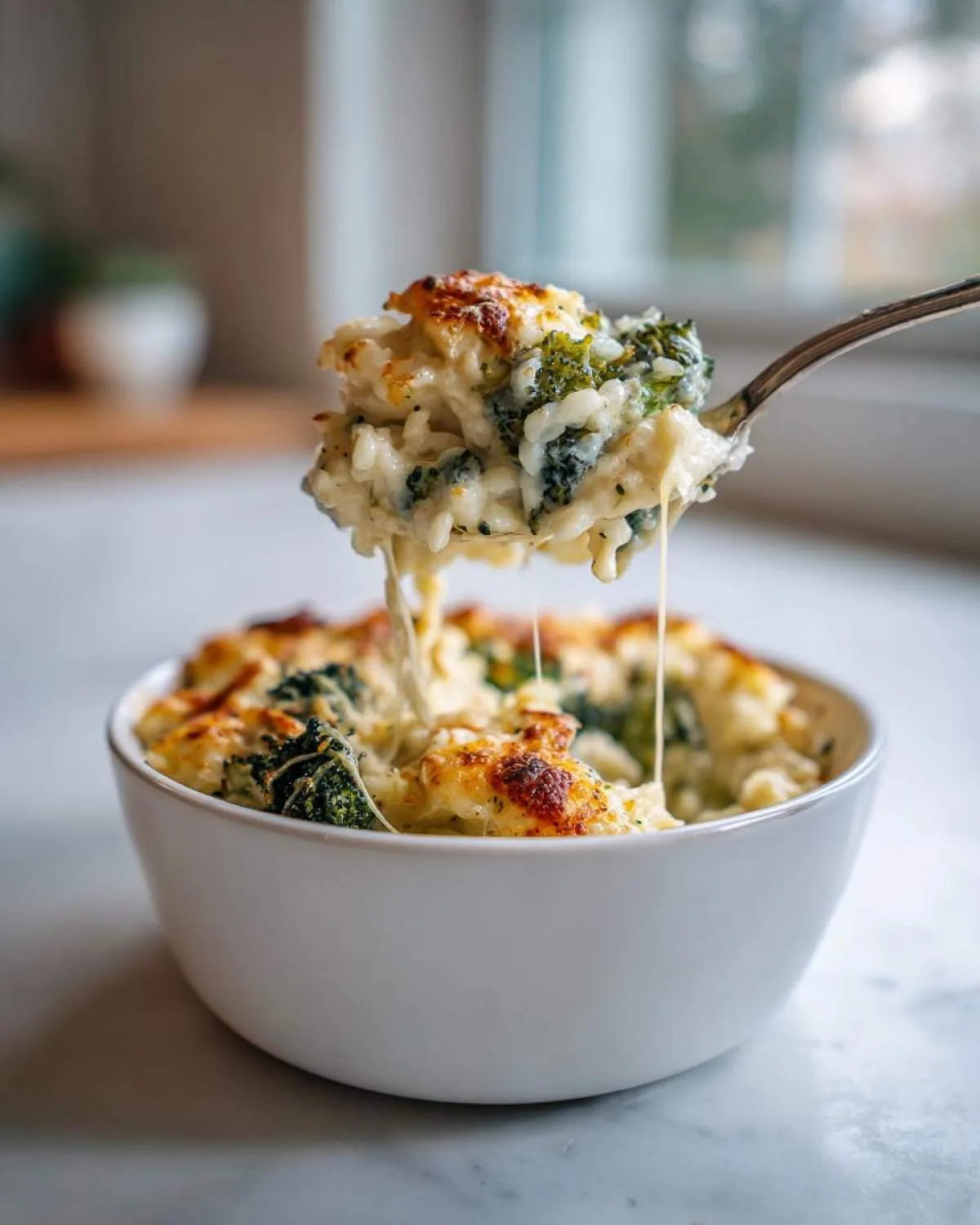 A spoonful of cheesy, baked broccoli rice being lifted from a white bowl, showing melted cheese strings.