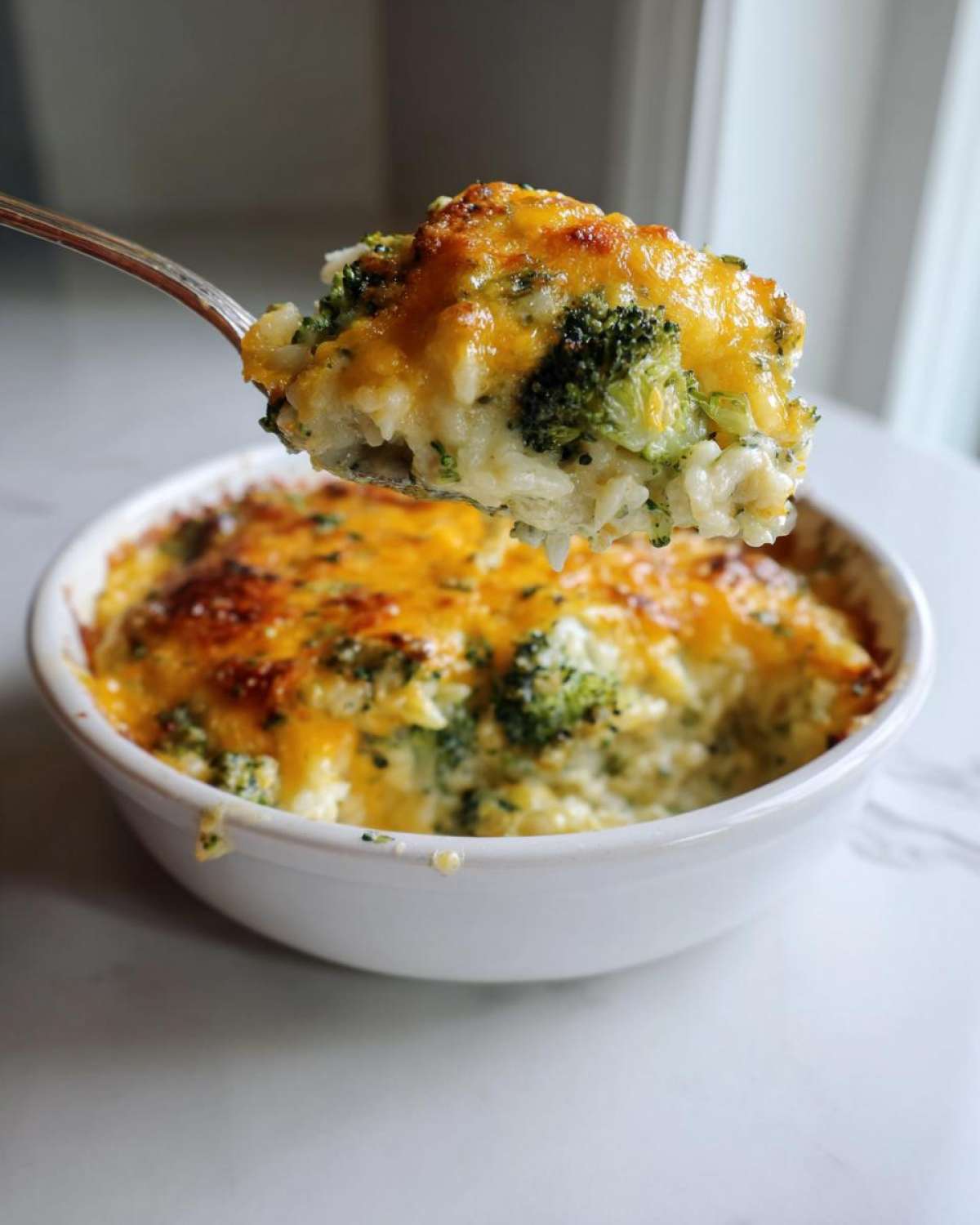 A spoonful of creamy, cheesy broccoli rice casserole being lifted from a white bowl.