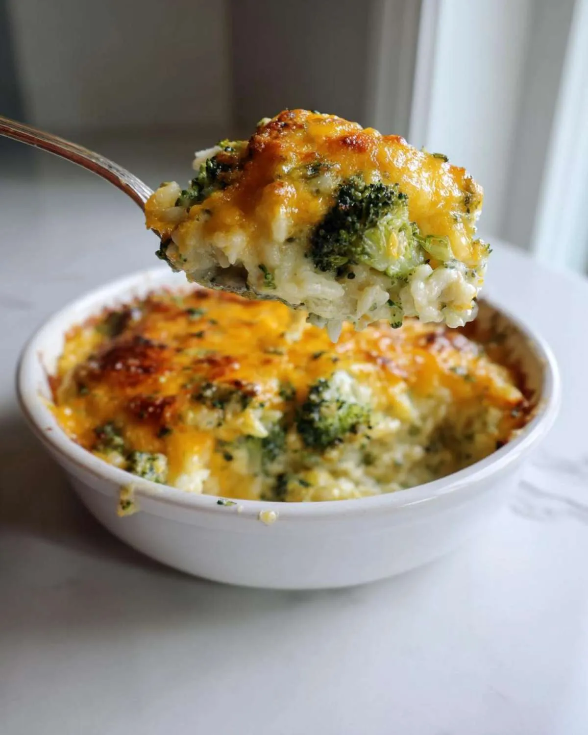 A spoonful of creamy, cheesy broccoli rice casserole being lifted from a white bowl.