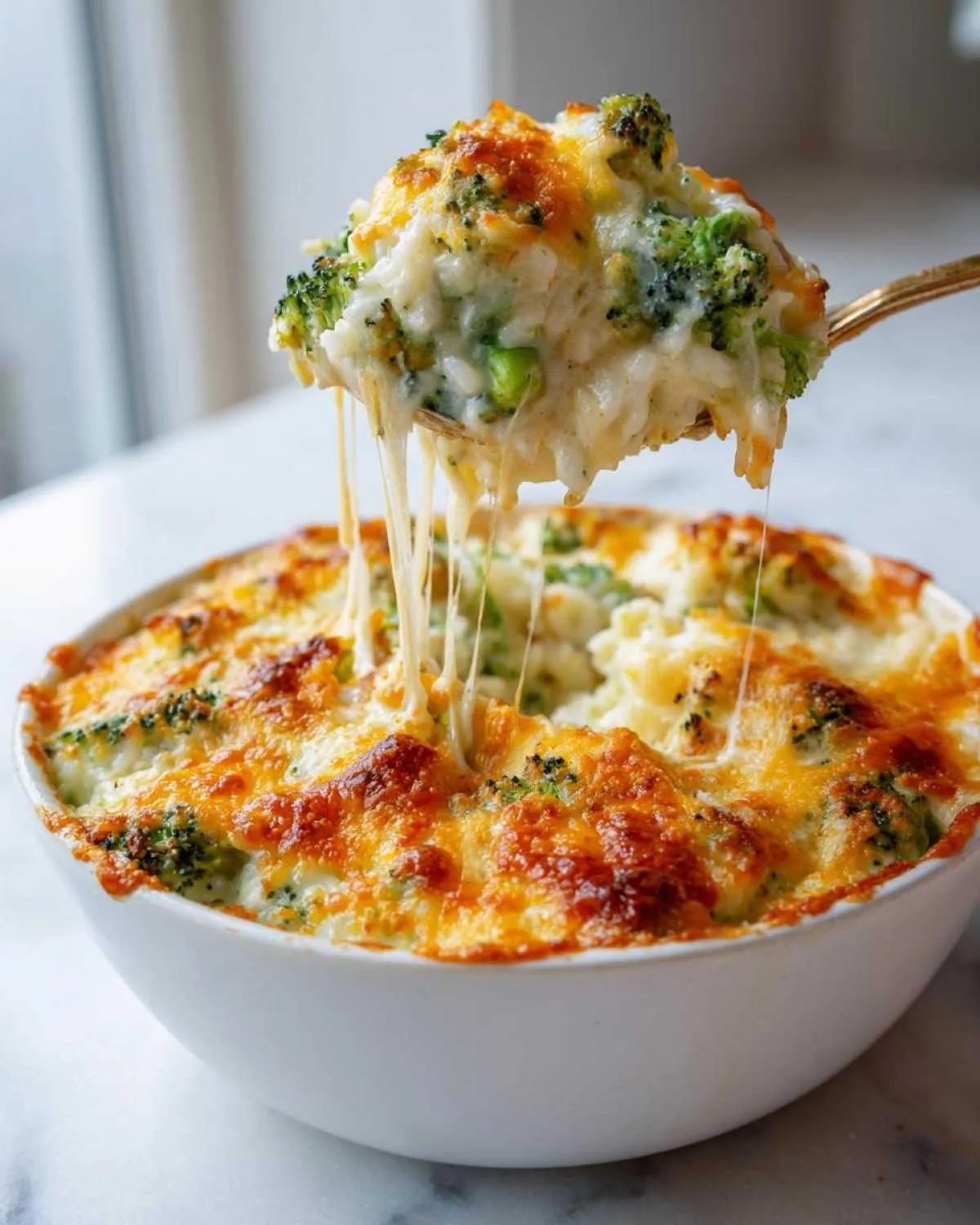 A spoonful of cheesy, creamy broccoli rice is lifted from a white bowl, showing long cheese pulls.