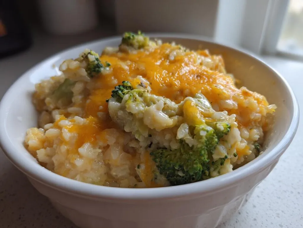 A close-up of creamy broccoli rice topped with melted cheddar cheese served in a white bowl.