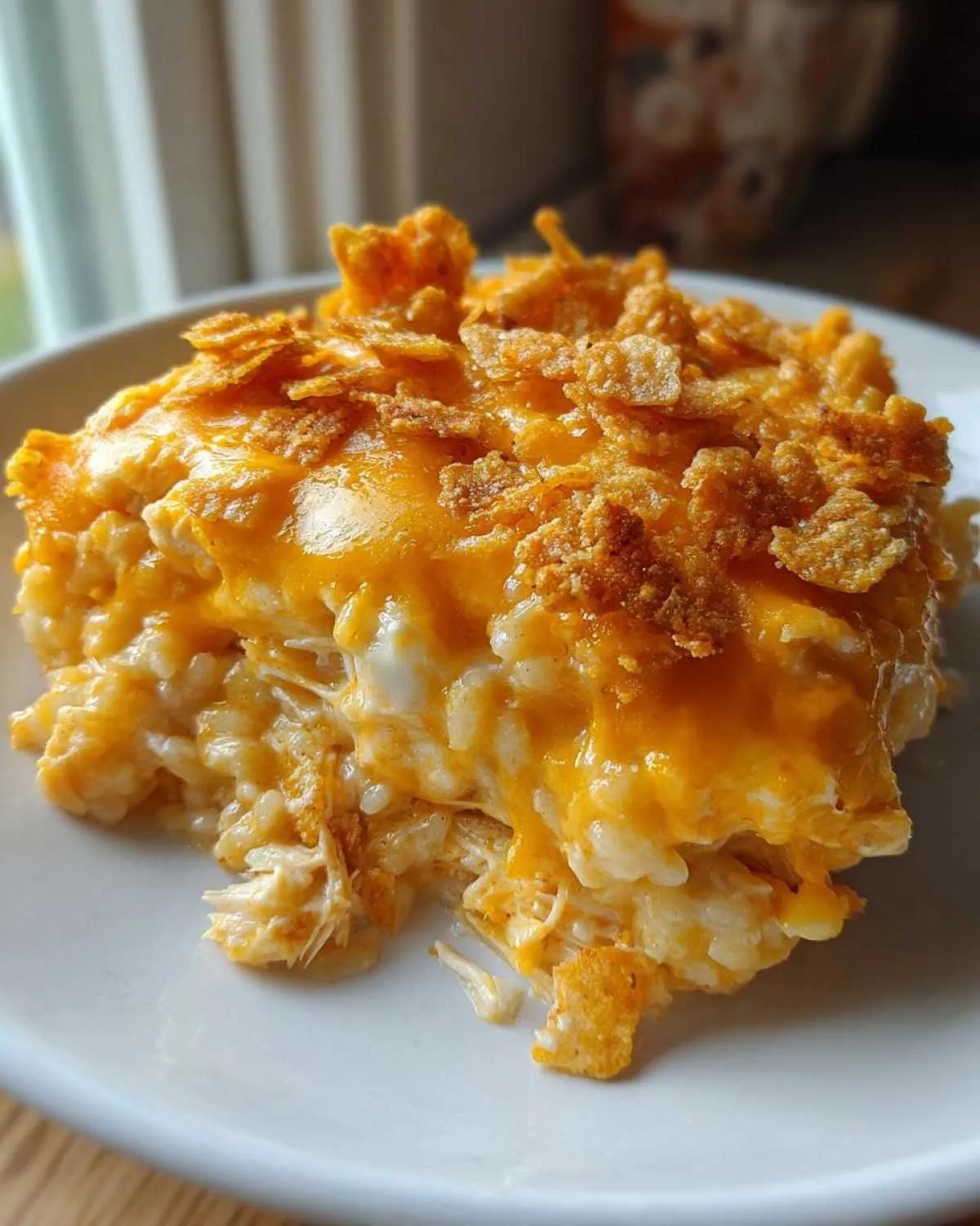 Close-up of a scoop of cheesy chicken and rice casserole topped with melted cheddar and crushed cornflakes.