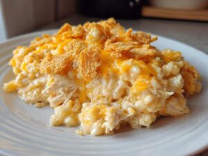 A close-up serving of creamy cheesy chicken and rice topped with melted cheddar and crushed cornflakes.