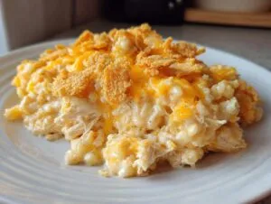 A close-up serving of creamy cheesy chicken and rice topped with melted cheddar and crushed cornflakes.