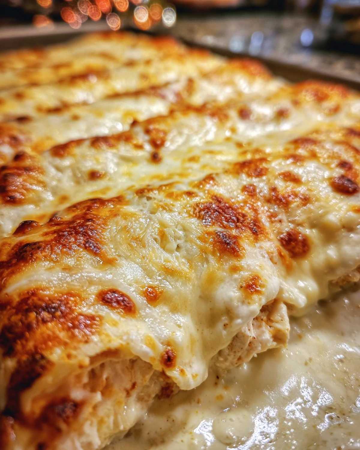 A close-up shot showing the cheesy, browned topping of freshly baked chicken enchiladas.