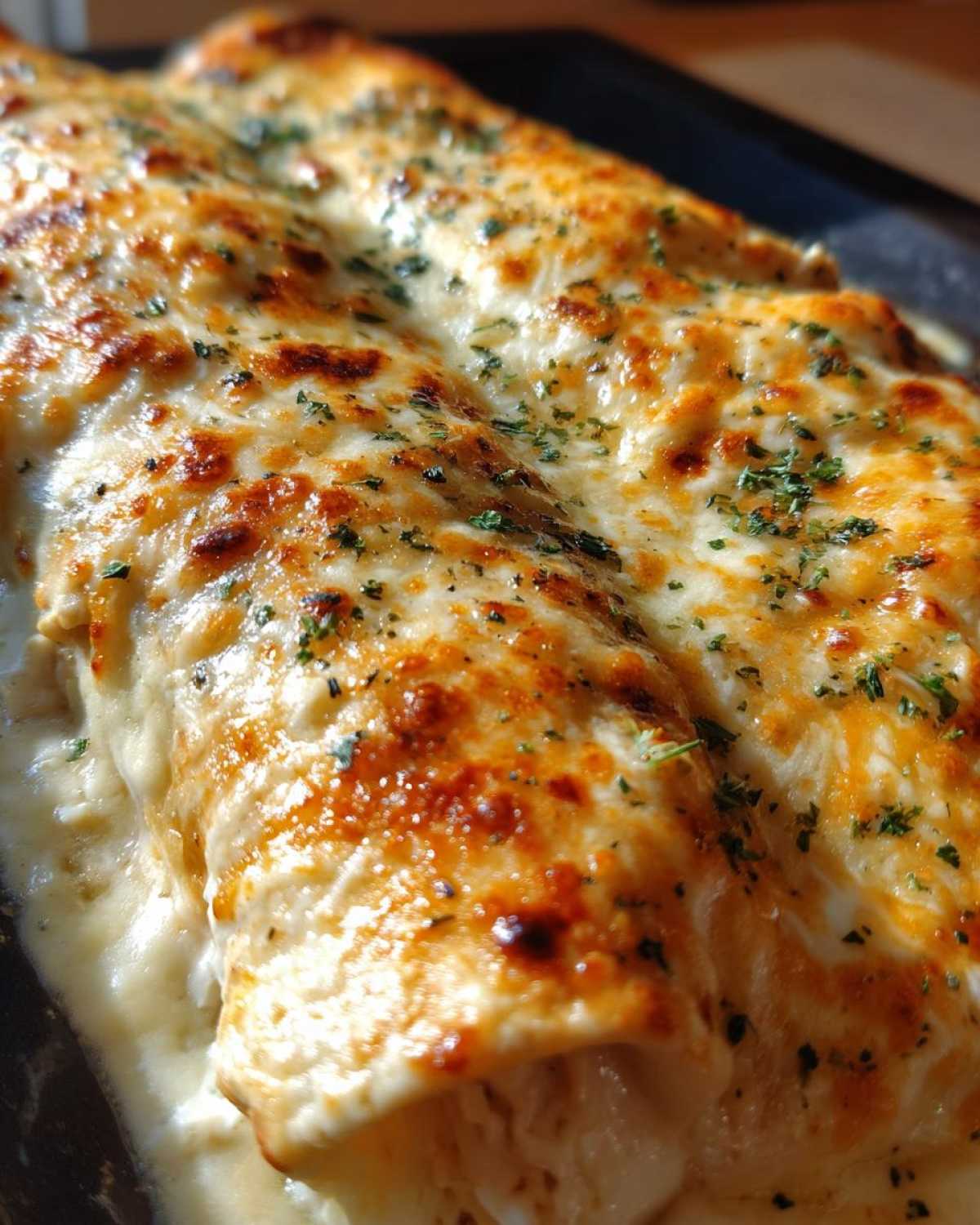 Close-up of baked chicken enchiladas covered in melted, bubbly white cheese sauce and parsley.