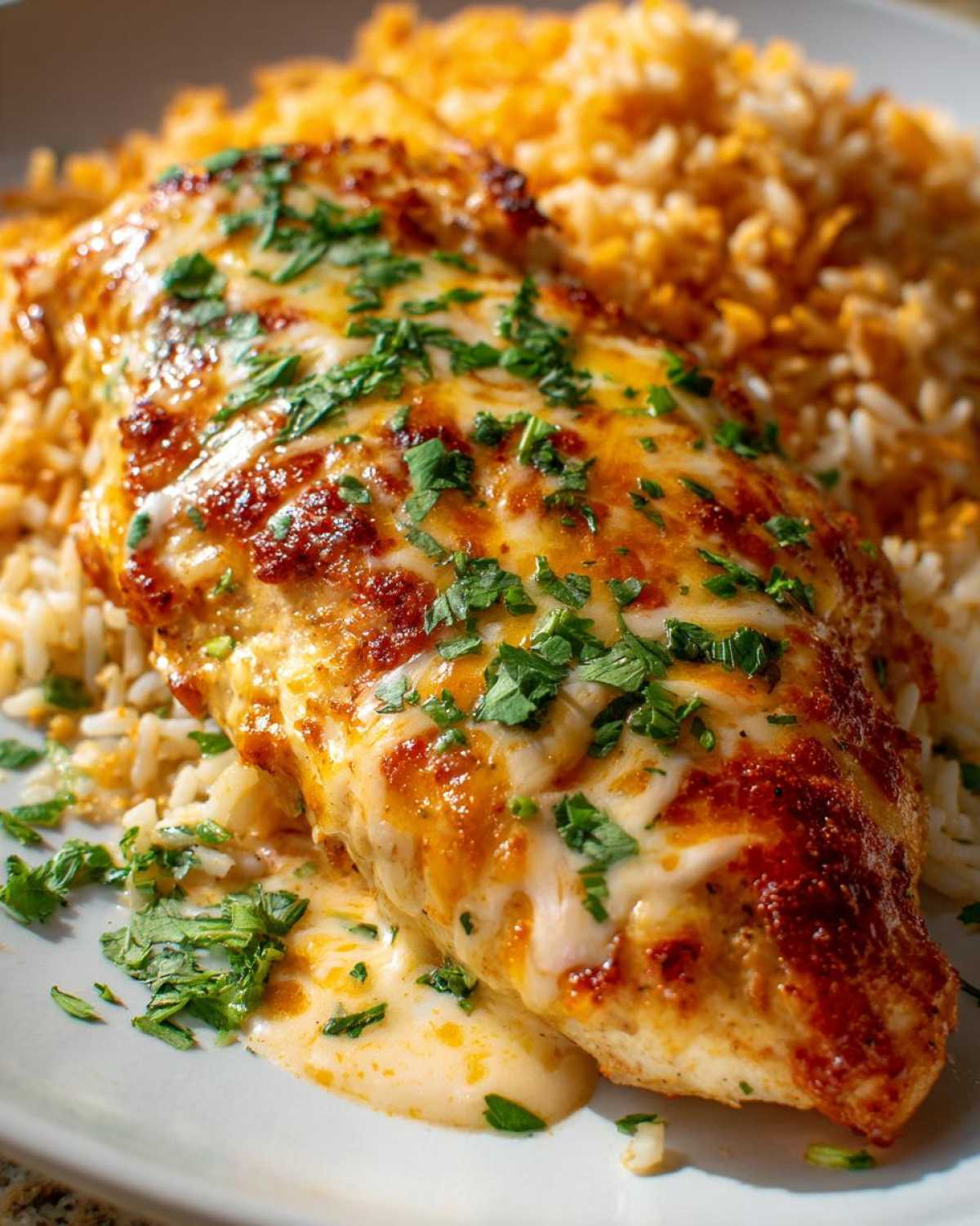 Close-up of baked fiesta lime chicken breast topped with melted cheese and parsley, served over Mexican rice.