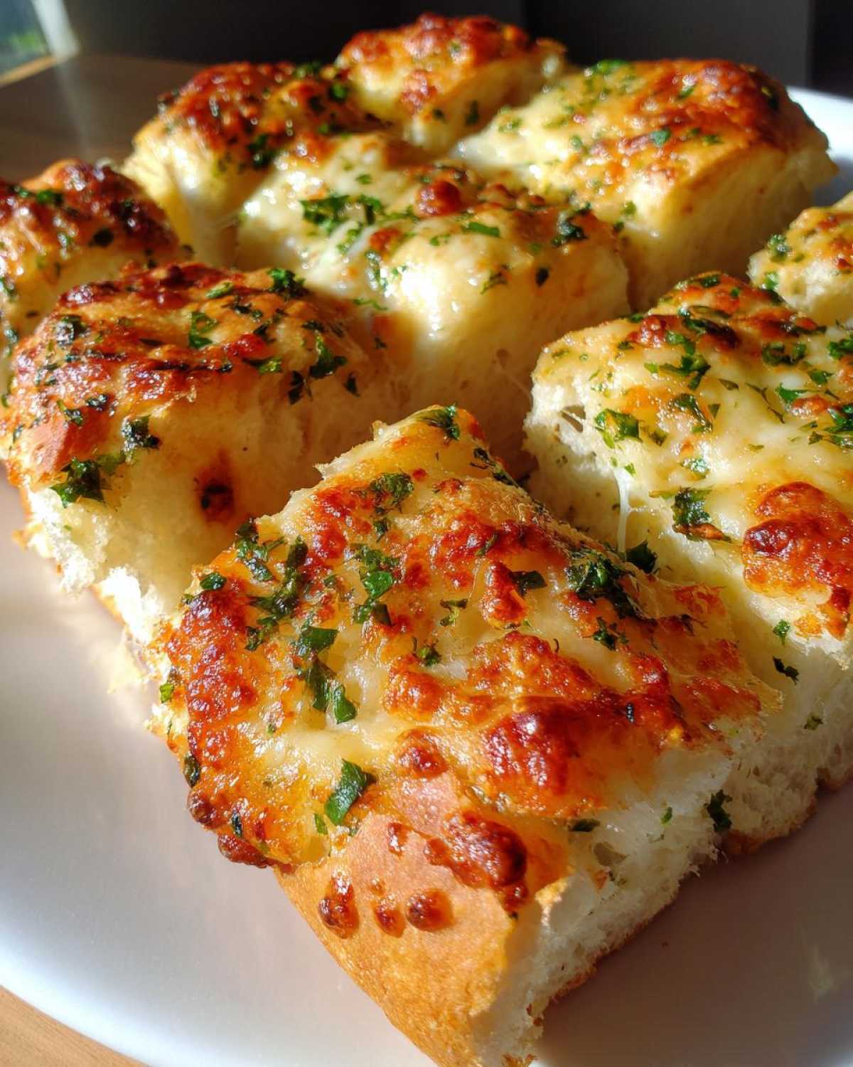 Close-up of baked hawaiian roll garlic bread pieces topped with melted, browned cheese and fresh parsley.