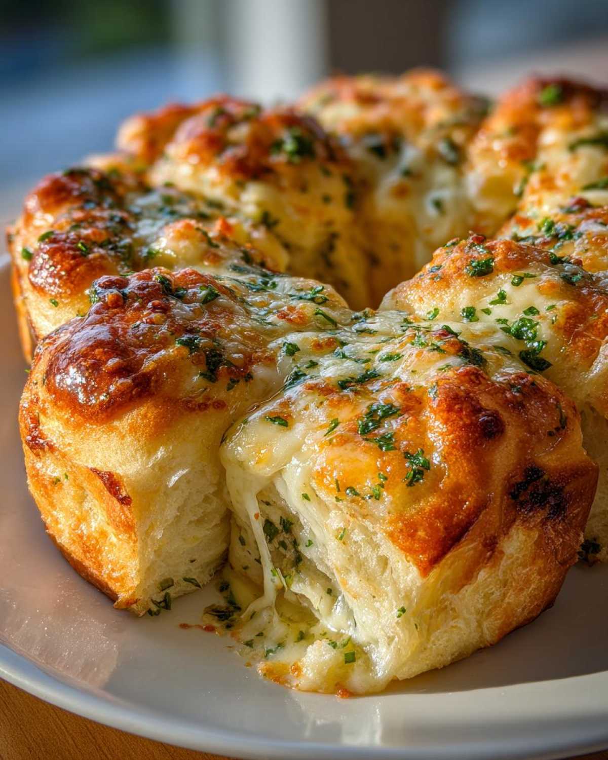 Close-up of cheesy hawaiian roll garlic bread, showing melted cheese stretching as a piece is pulled away.