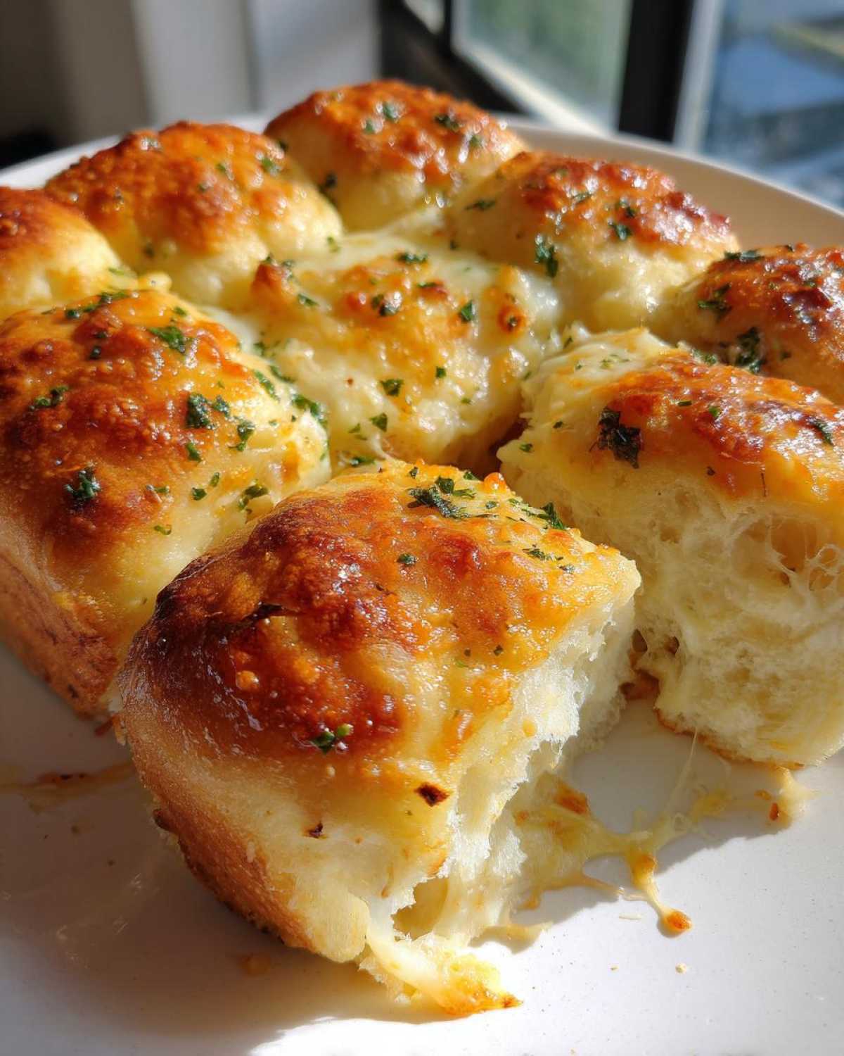 Close-up of cheesy Hawaiian roll garlic bread, showing a soft interior and melted cheese pull.