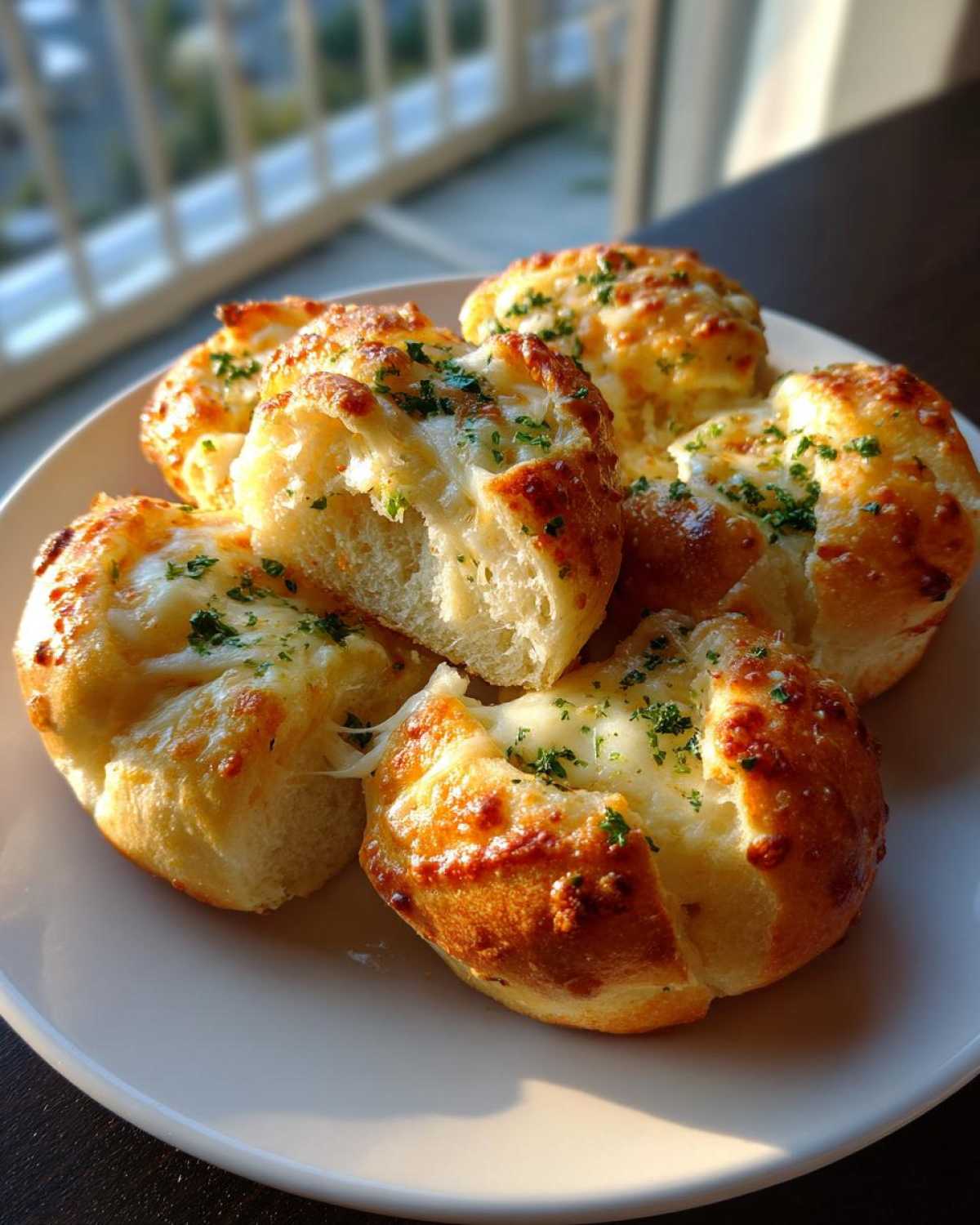 Close-up of cheesy hawaiian roll garlic bread rolls topped with parsley on a white plate.
