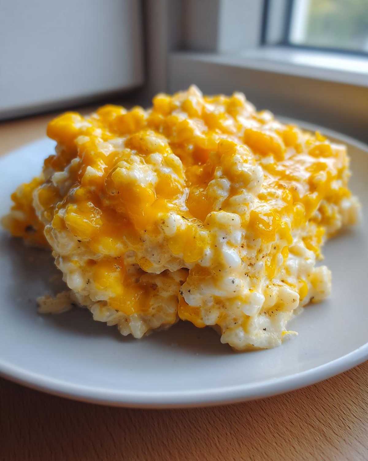 A close-up of a serving of creamy, baked cheesy rice topped with melted orange cheddar cheese.