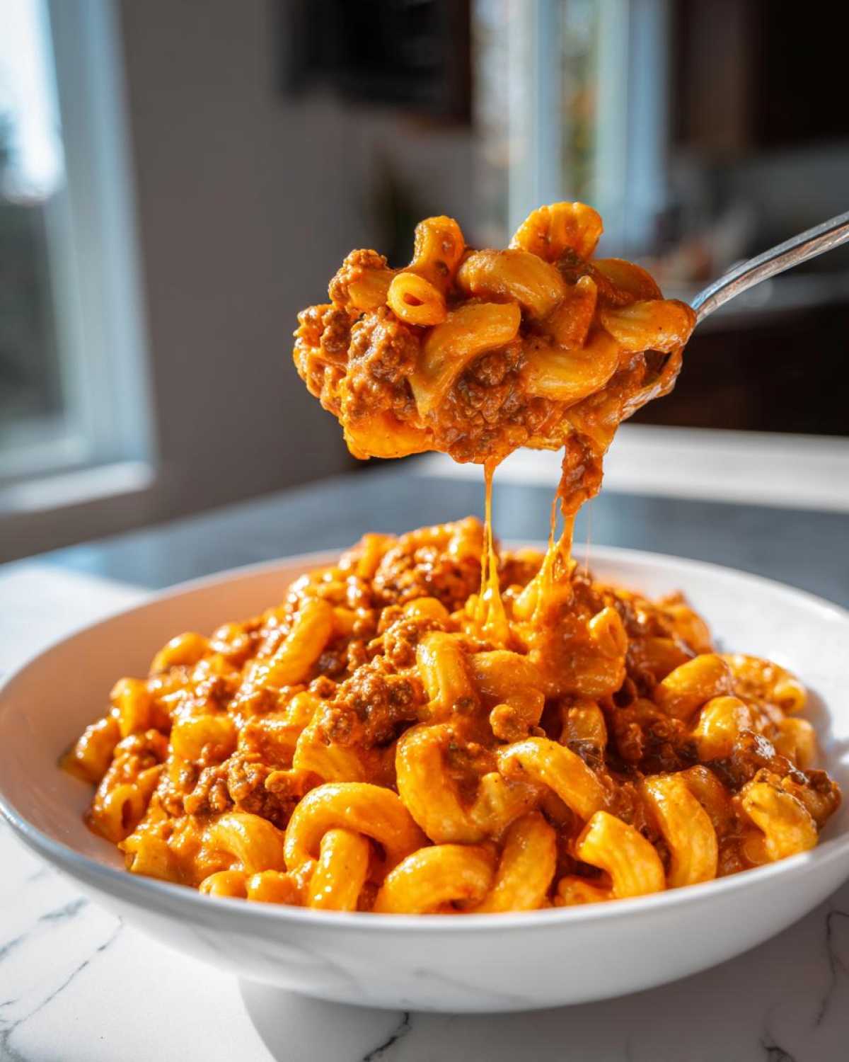 A spoonful of cheesy, saucy taco pasta being lifted from a white bowl, showing melted cheese strings.