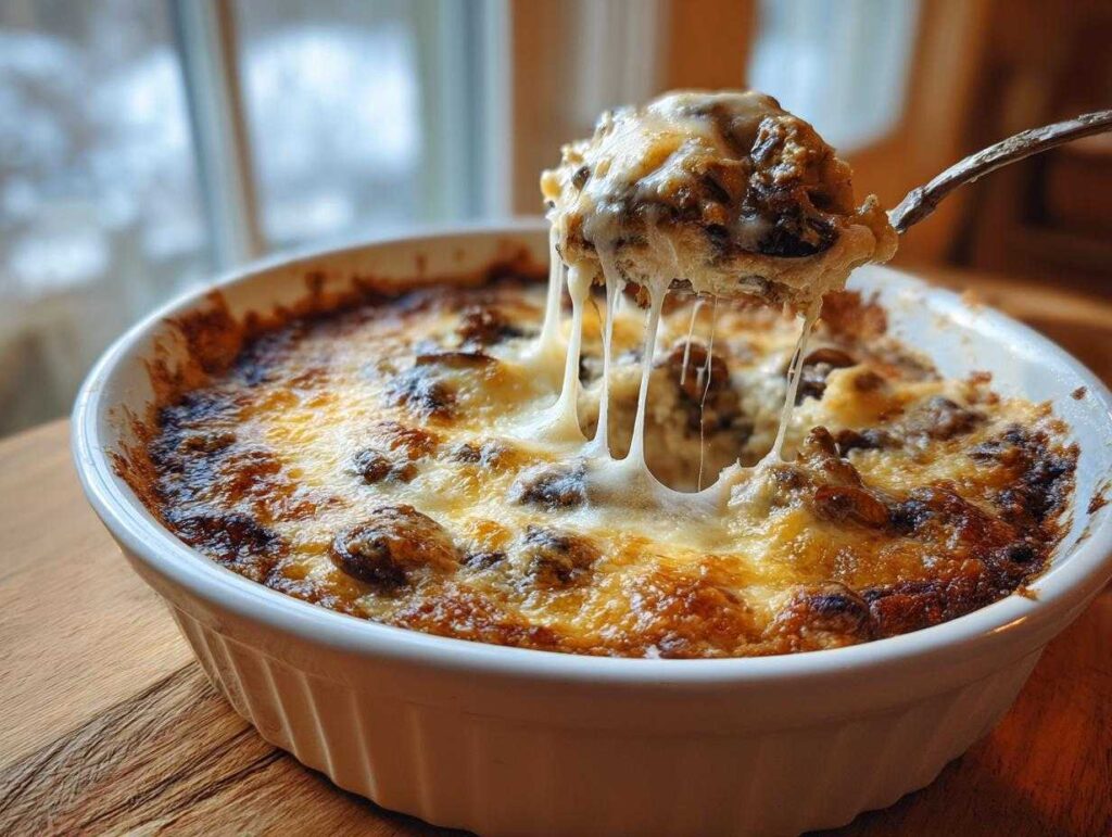 A spoonful of hot, cheesy stuffed mushroom dip is lifted from a white baking dish, showing long, gooey cheese pulls.