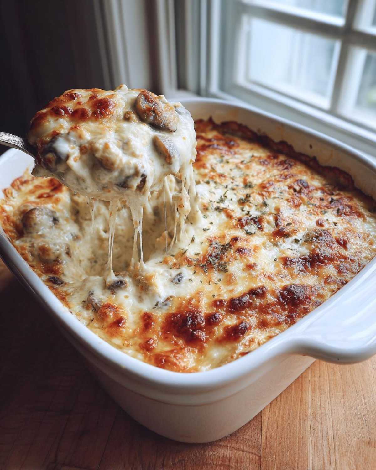 A spoonful of hot, cheesy stuffed mushroom dip being lifted from a white baking dish, showing long cheese pulls.
