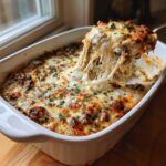 A spoonful of hot, cheesy stuffed mushroom dip being lifted from a white baking dish, showing extreme cheese pull.