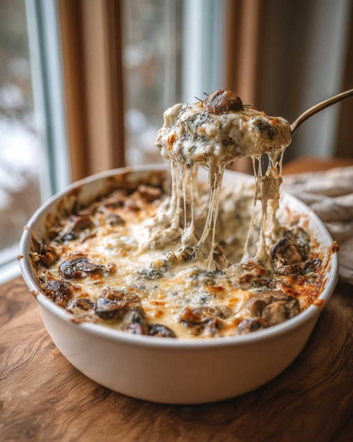 A spoonful of hot, cheesy stuffed mushroom dip being lifted from a white baking dish, showing extreme cheese pull.
