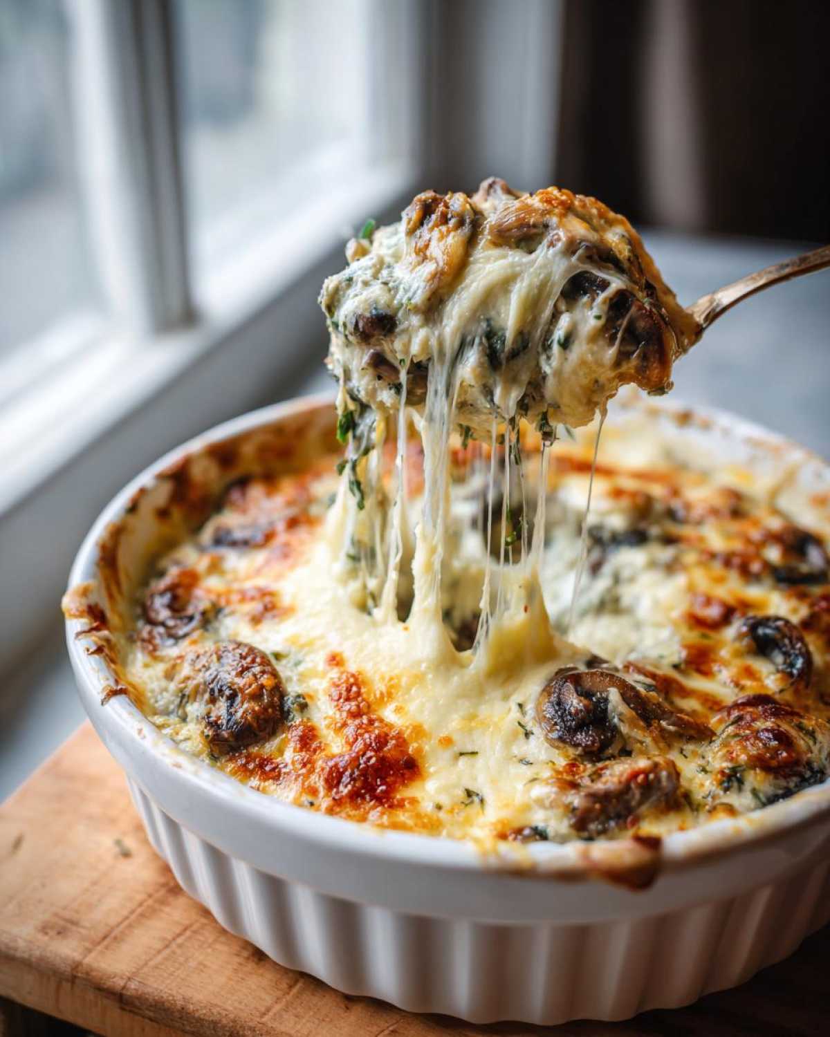 A spoonful of hot, cheesy stuffed mushroom dip being lifted, showing long cheese pulls over the creamy dip.