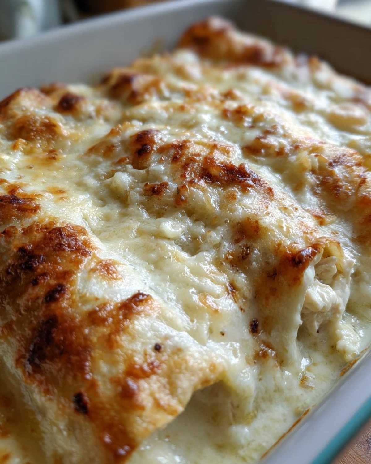 Close-up shot of baked chicken enchiladas covered in melted, bubbly, and slightly browned white cheese sauce.