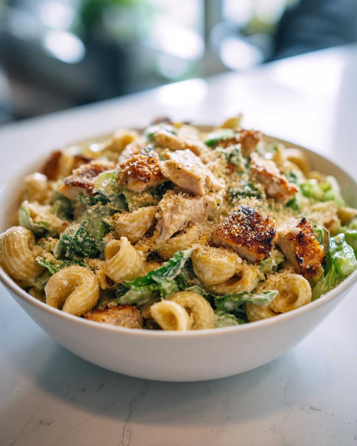 Close-up of a white bowl filled with creamy chicken caesar pasta salad, featuring grilled chicken pieces and parmesan.