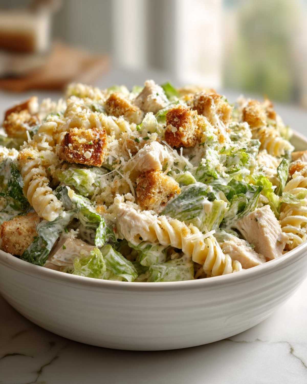 A white bowl filled with creamy chicken caesar pasta salad, featuring rotini pasta, chicken pieces, romaine lettuce, and croutons.