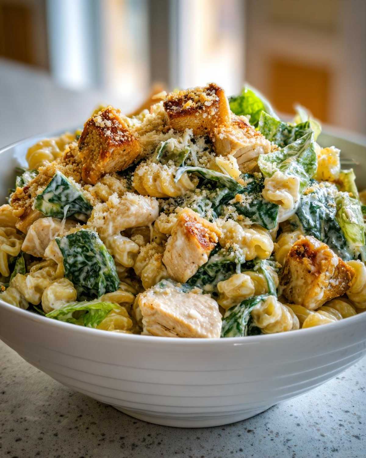 A white bowl filled with creamy chicken caesar pasta salad, topped with grilled chicken pieces and parmesan.