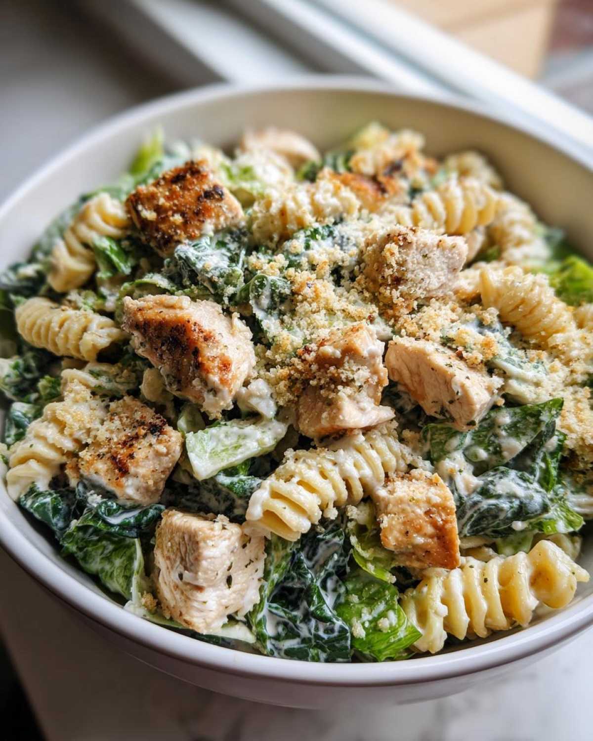 A close-up of a creamy chicken caesar pasta salad featuring rotini pasta, grilled chicken chunks, romaine lettuce, and breadcrumbs.