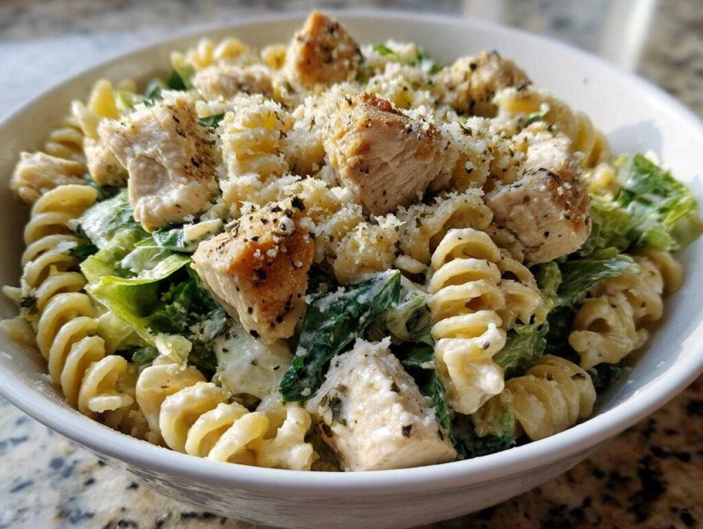 A close-up of a creamy chicken caesar pasta salad featuring rotini pasta, grilled chicken chunks, and romaine lettuce, topped with Parmesan.