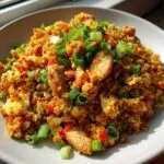Close-up of flavorful chicken cauliflower fried rice topped generously with fresh green onions.