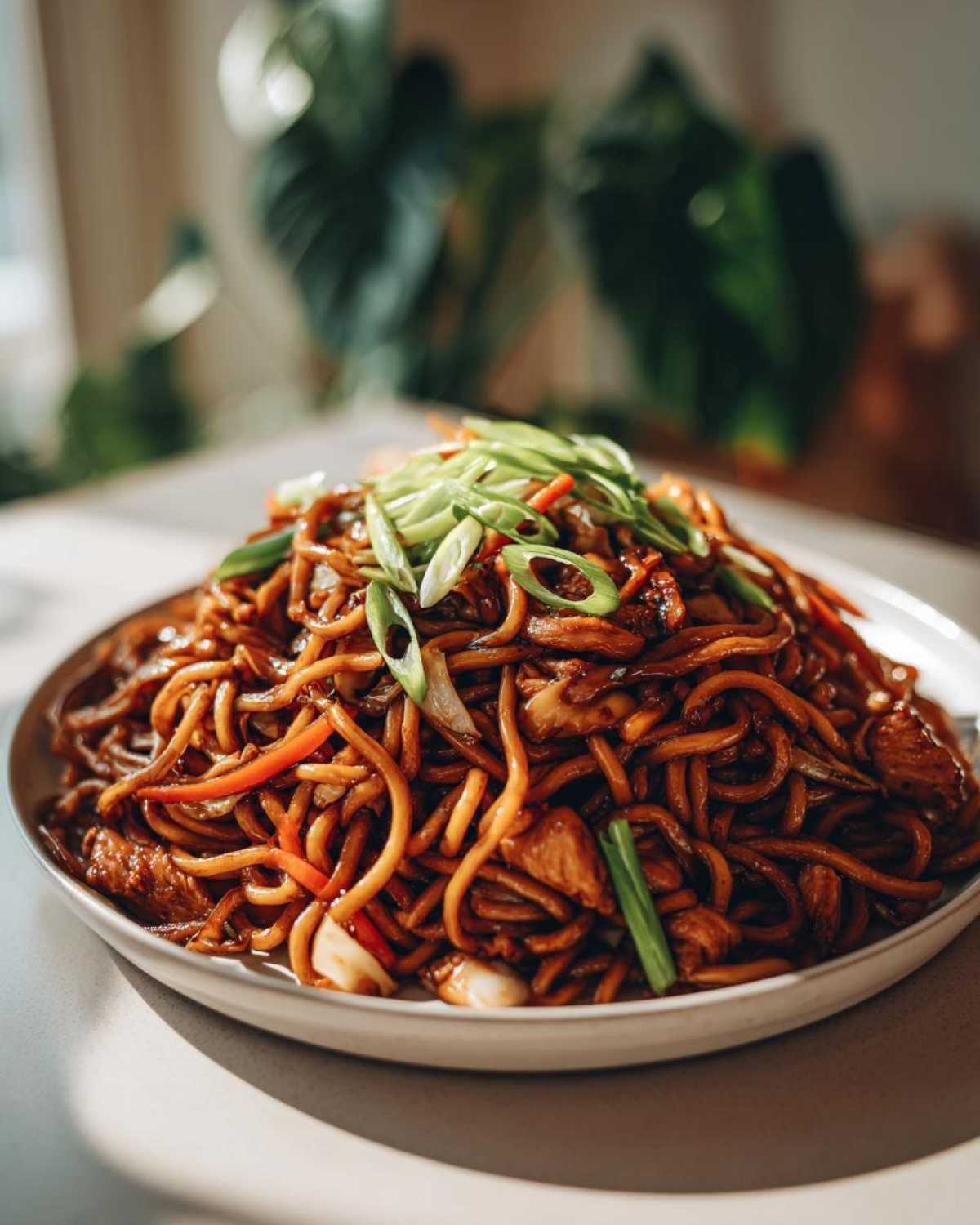A close-up of a generous serving of dark, saucy chicken chow mein recipe topped with fresh green onions.