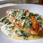 Close-up of a golden-brown chicken florentine breast smothered in creamy spinach sauce.